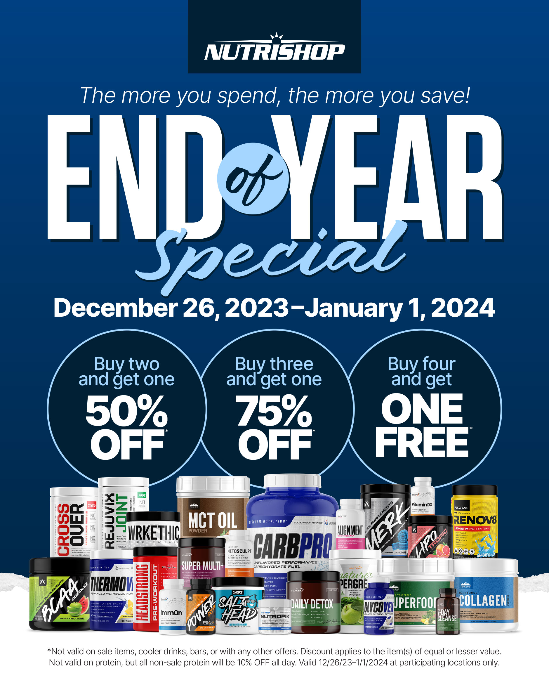 The more you spend, the more you save! End of year special. December 26, 2023 - January 1, 2024. Buy two and get on 50% off. Buy three and get one 75% off. Buy four and get one free.
